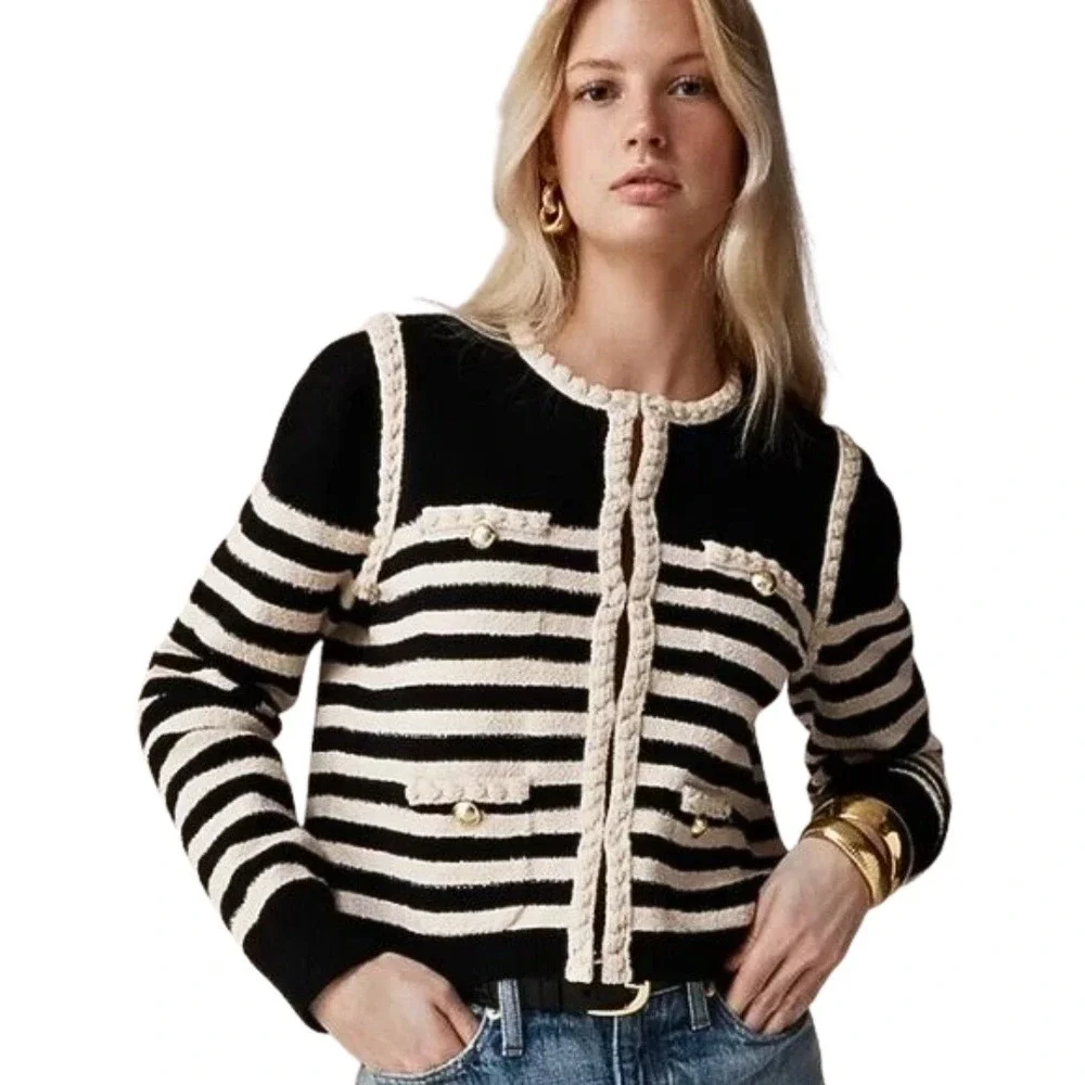 J. Crew Sweater Womens 2X Navy Cream‎ Odette Lady Jacket Striped Boucle Preppy